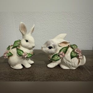 Charming White Ceramic Bunny Figurines with Green and Pink Accents